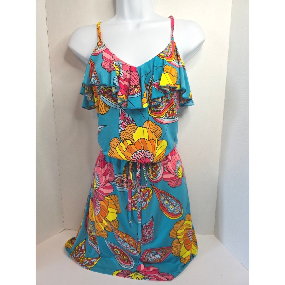 Trina Turk Floral Ruffle Strap Dress Teal Pink Yellow Orange Draw Waist SZ S